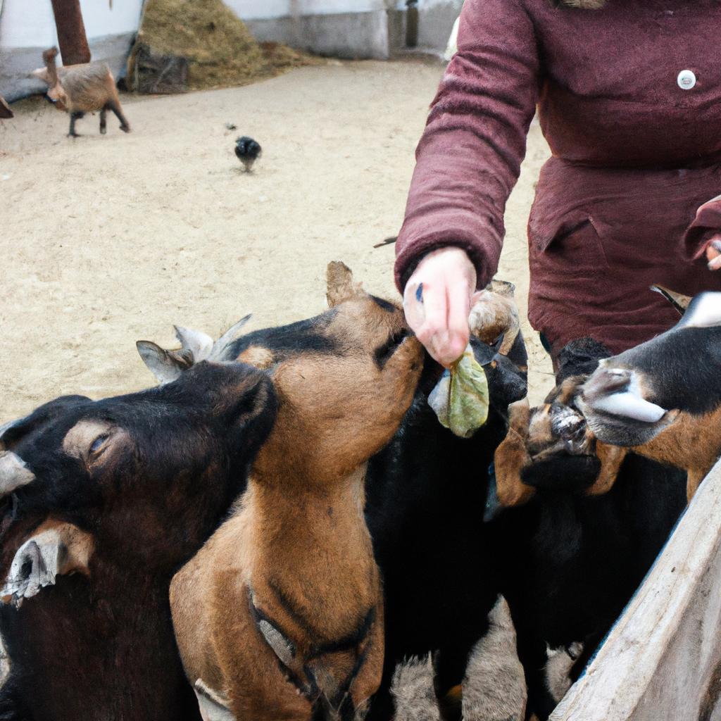 Person feeding goats on ranch