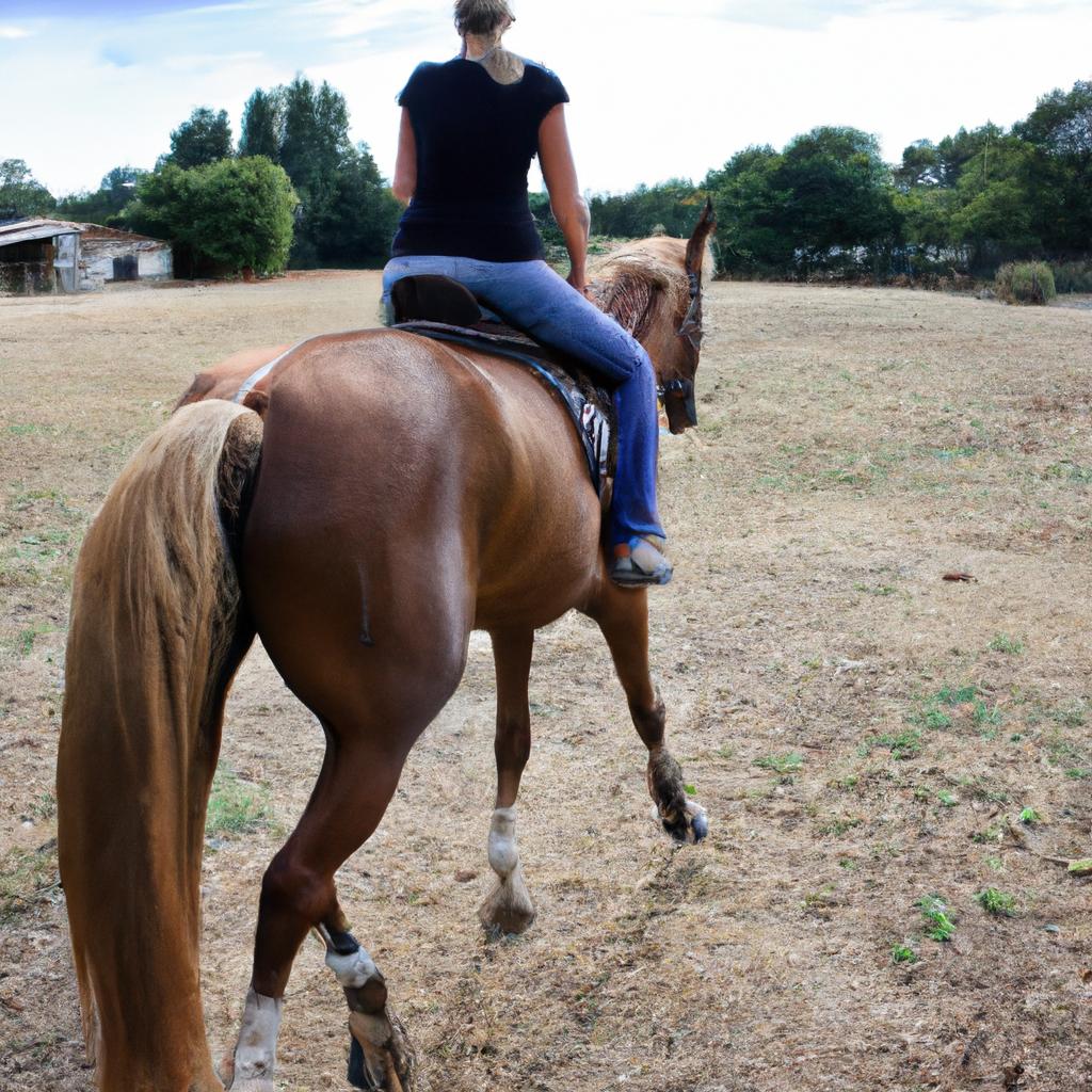 Person riding horse on ranch